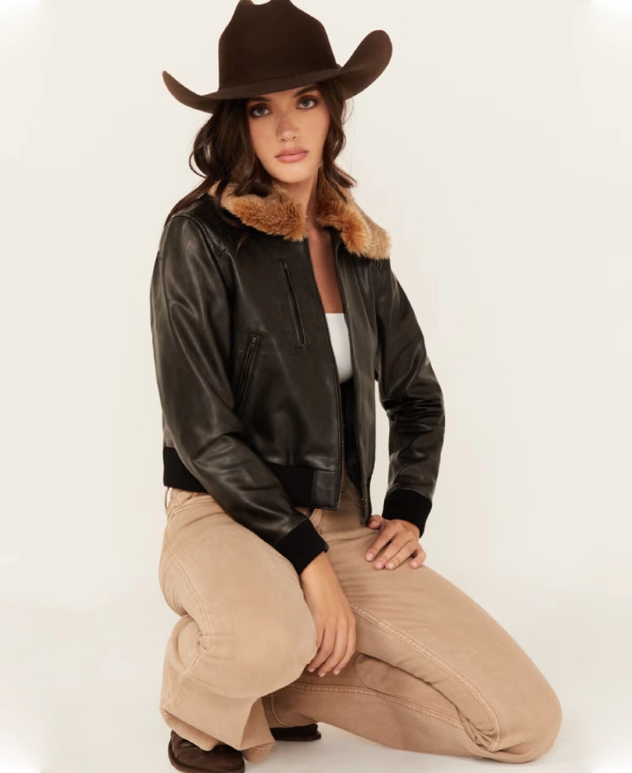 Noir Womens Black Leather Jacket with Fur Collar