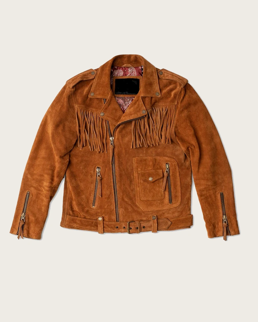 Roughrider Mens Brown Fringes Suede Moto Jacket
