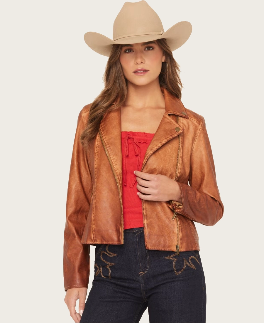 Rustic Edge Women’s Textured Brown Leather Moto Jacket