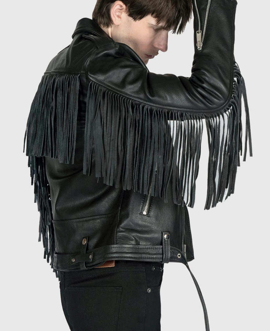 Ryder Men's Black Leather Fringe Biker Jacket - Image 6