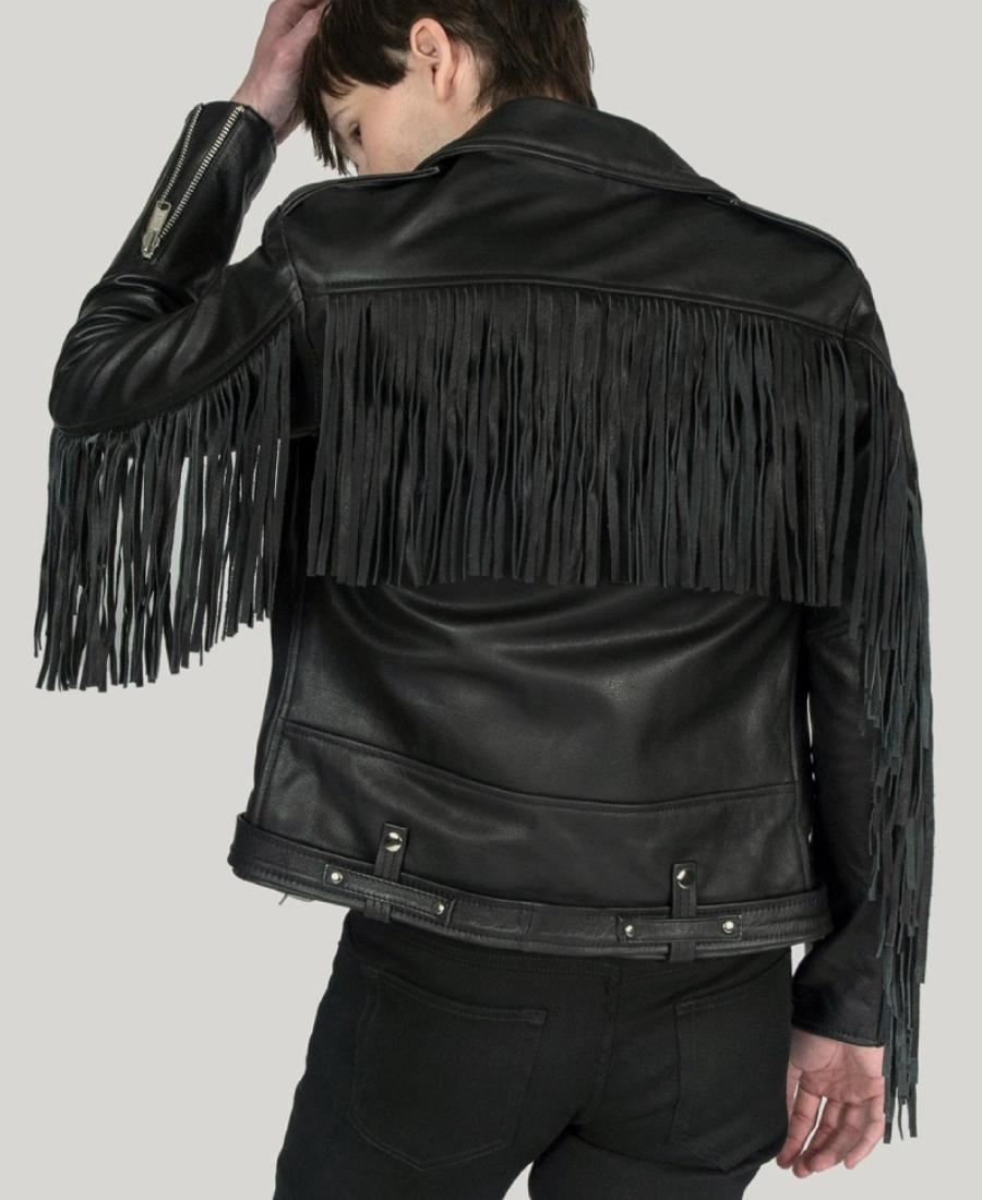 Ryder Men's Black Leather Fringe Biker Jacket - Image 2