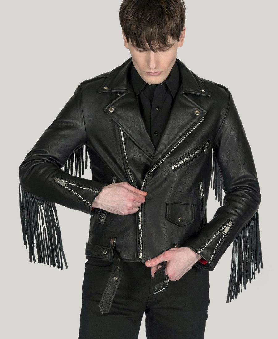 Ryder Men's Black Leather Fringe Biker Jacket - Image 5