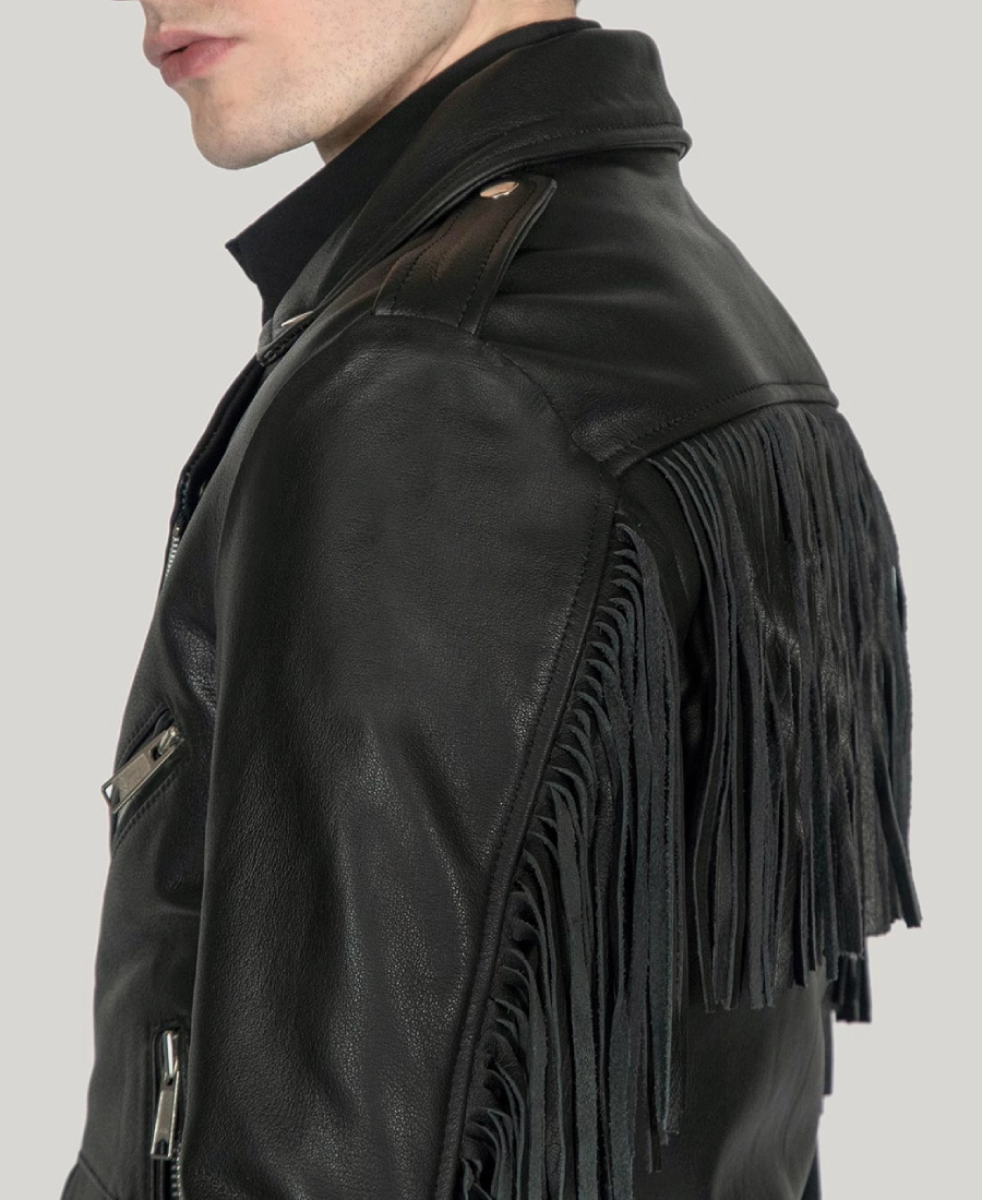 Ryder Men's Black Leather Fringe Biker Jacket - Image 7