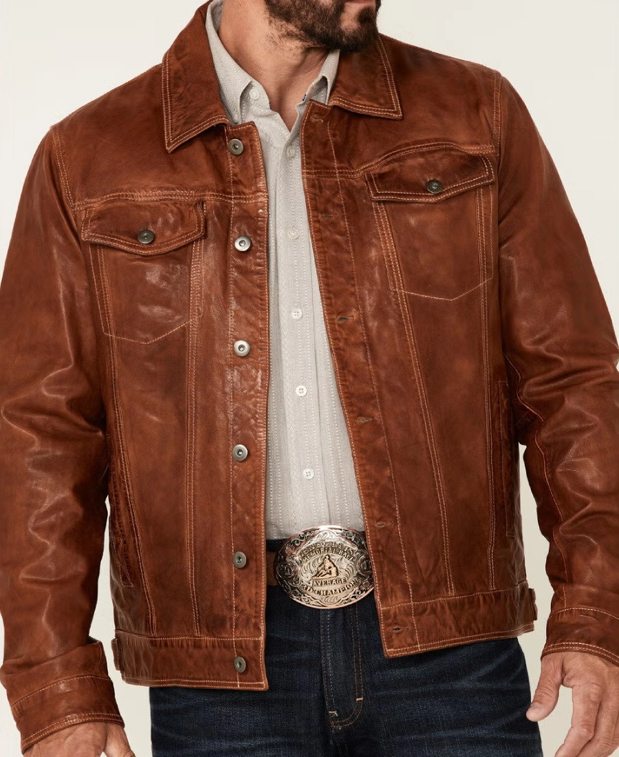 Tawny Mens Leather Button Front Trucker Jacket