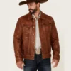 Tawny Mens Tan Leather Button Front Trucker Jacket