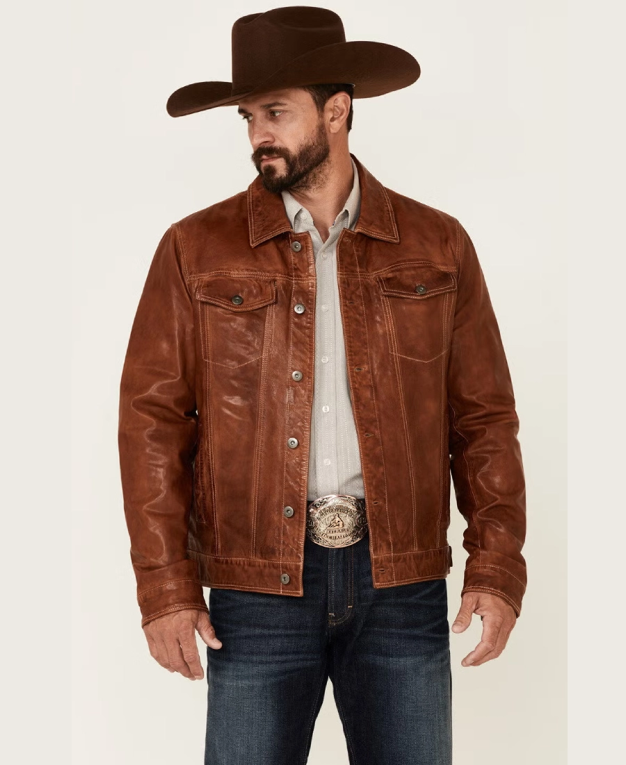 Tawny Mens Tan Leather Button Front Trucker Jacket