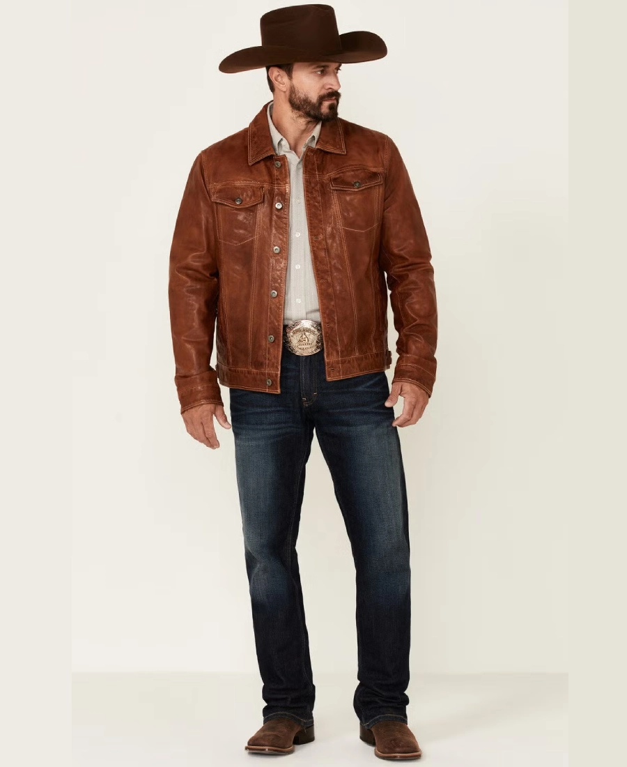 Tawny Mens Tan Leather Trucker Jacket