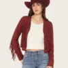 Deleon Womens Mahroon Suede Cropped Fringe Jacket
