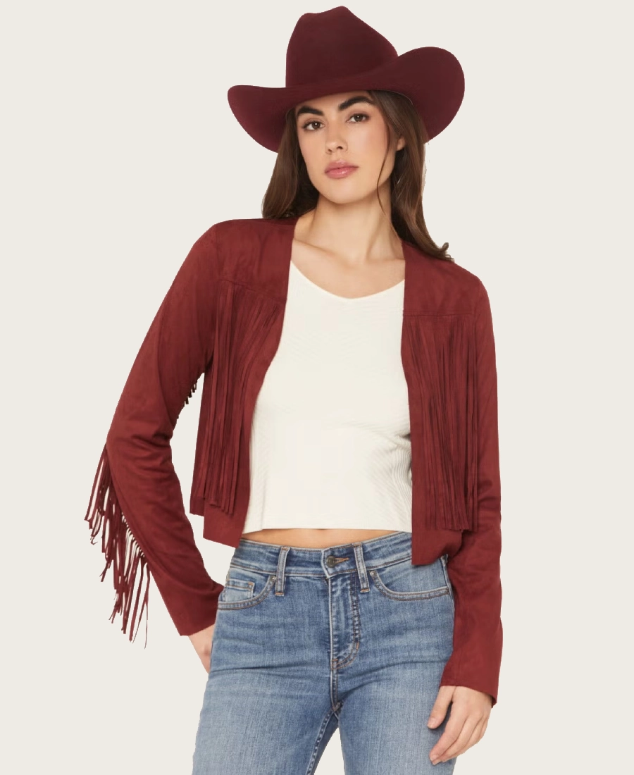 Deleon Womens Mahroon Suede Cropped Fringe Jacket
