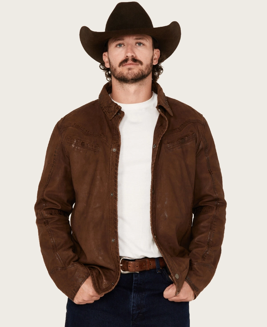 Woodly Mens Whipstitch Brown Leather Jacket
